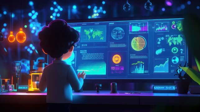 Cartoon Scientist Examining Data on a Futuristic Screen