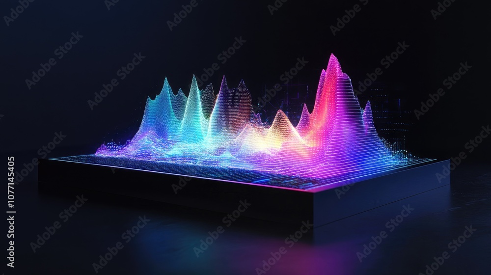 Poster futuristic colorful sound wave visualization in neon hues with glossy effect on a dark background