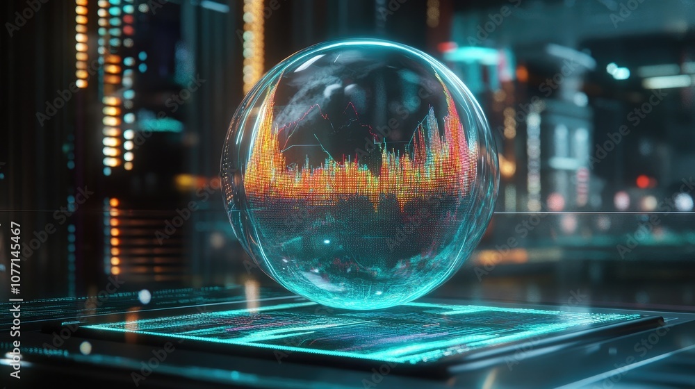Poster futuristic data visualization in a transparent sphere with colorful graphs and digital elements illu