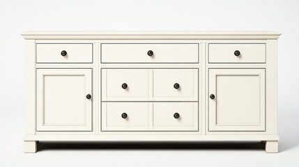 White cabinet-style cupboard with drawers and doors isolated on a plain background, showing simple storage solutions