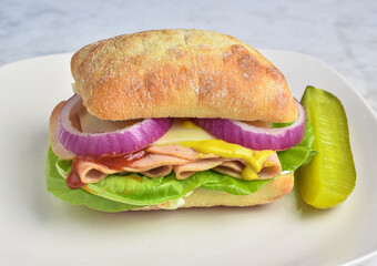 turkey sandwich  with lettuce , onions and swiss cheese