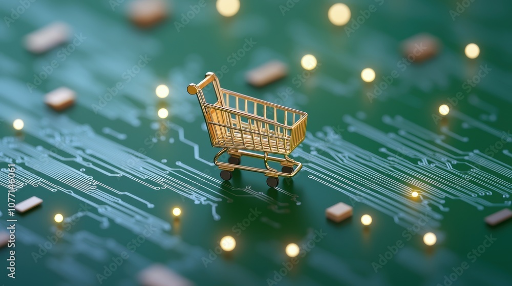 Aufkleber a shopping cart icon with circuit board patterns or digital elements incorporated into its design, r