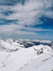 Fototapeta premium Amazing view of Switzerland Schilthorn Alps. Snow covered mountains, clear blue skies. 