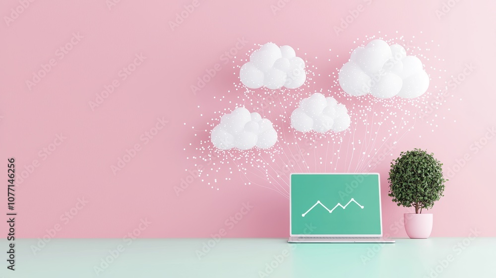 Poster two cloud icons connected by a double headed green arrow on a digital screen, symbolizing seamless d