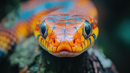 Obraz premium A close-up of a vibrant orange and blue snake with black eyes staring directly at the camera.