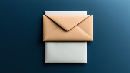 Top view of a light brown envelope with flap closed, partially covering a white rectangular sheet against a dark textured blue background.