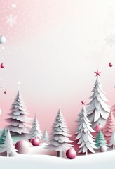 Fototapeta premium Ein winterliches minimalistisches Design mit Tannenbäumen, Schnee und mit Textfreiraum – perfekt für eine Weihnachtskarte. Transendent Pink, Rosa. Generative KI.
