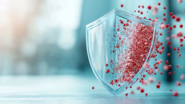 A transparent shield with binary code streaming across its surface, deflecting a barrage of red malware symbols, symbolizing proactive cyber defense.