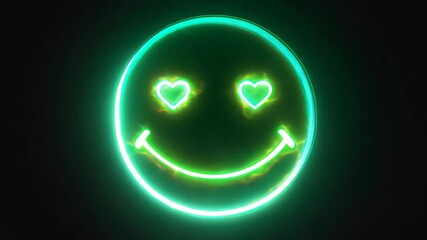 A green glowing smiley face with two hearts on it. The smiley face is lit up and he is glowing - Powered by Adobe