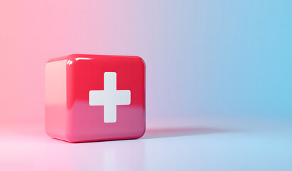 Fototapeta premium 3D Red Medical Cube with a White Cross on a Gradient Background