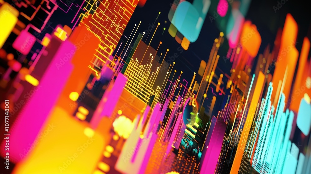Poster vibrant abstract data visualization with neon colors and geometric shapes representing technology an