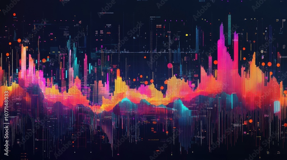 Poster vibrant abstract data visualization with colorful waves and dynamic charts representing digital anal