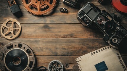 Fototapeta premium Vintage Filmmaking Equipment on Wooden Table