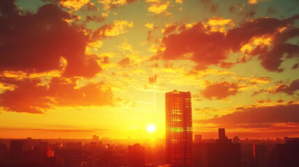 Fototapeta premium A vibrant, colorful sunset over a city skyline, with a tall skyscraper silhouetted against the orange and yellow sky.
