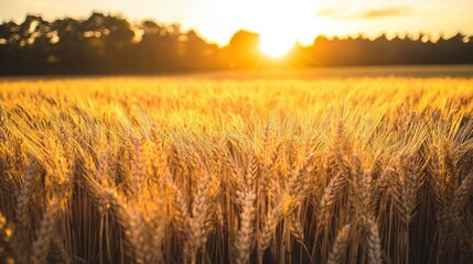 Naklejka premium Golden Wheat Field at Sunset with Blurry Trees in the Background