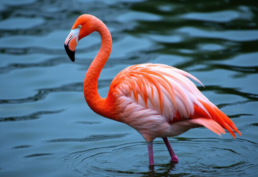 A pink flamingo standing in water.