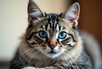 Portrait of a cat with blue eyes and striped fur