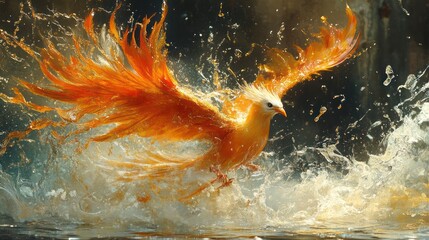 Fototapeta premium A phoenix bird with orange and white feathers bursts from the water in a spray of droplets.