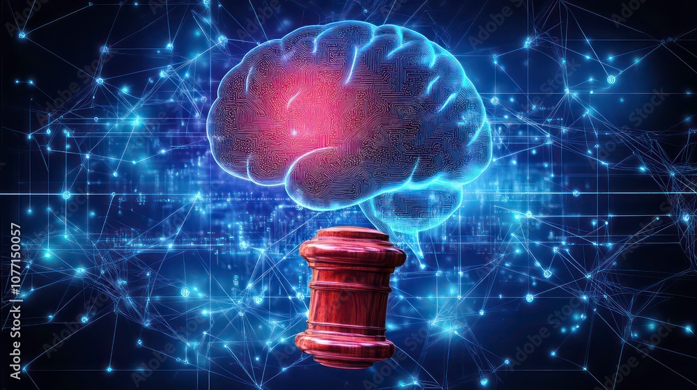 Poster a digital brain with a red glowing area sits atop a wooden gavel, representing the intersection of t