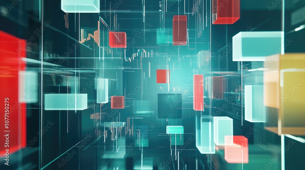 Poster abstract visualization of data analytics and financial trends with geometric shapes in a futuristic 