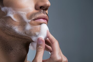 Close up of face of man applying foam on his chin with concentration. Isolated on grey background