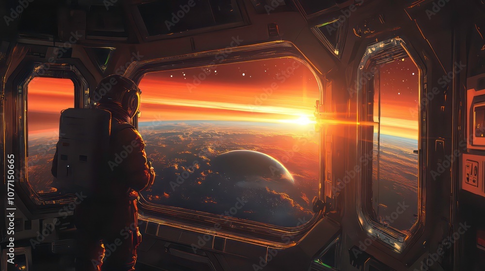 Aufkleber an astronaut in a spaceship window observes a sunrise over a distant planet.