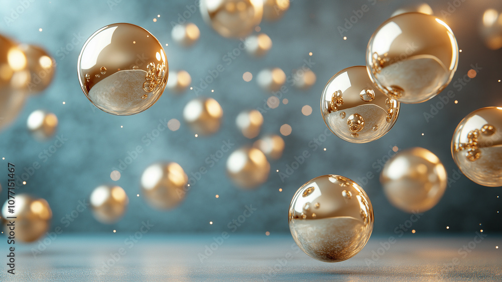 Poster floating golden spheres create mesmerizing visual effect in dreamy atmosphere