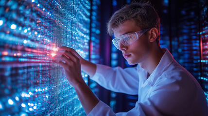 focused young man in glasses interacts with vibrant digital interface, showcasing technology