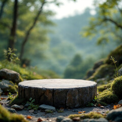 Fototapeta premium Serene Indoor Podium Surrounded by Nature: A Harmonious Blend of Organic Elements and Soft Sunlight for Captivating Product Presentations
