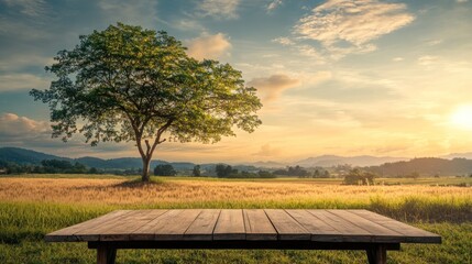 Naklejka premium A serene landscape featuring a tree and a wooden platform at sunset.