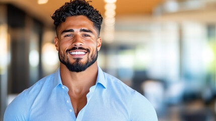 Fototapeta premium Smiling man in a blue shirt in an office setting.