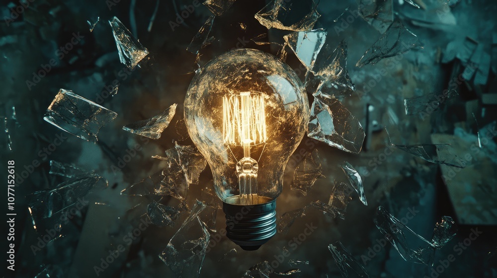 Poster exploding light bulb surrounded by shattered glass displaying brightness and energy in a dramatic ar
