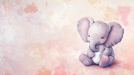 Adorable watercolor style illustration a baby elephant sitting and wearing a diaper, birth card. Cute birth announcement card. Template voor birth cards, cute animal. announcement card for a newborn b