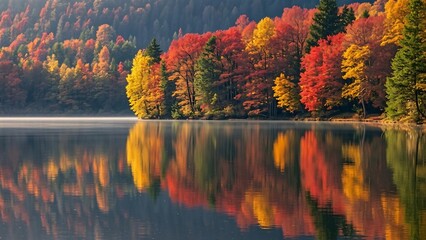 Obraz premium A tranquil lake surrounded by autumn trees - A calm lake reflecting vibrant autumn foliage in shades of red, orange, and yellow. The trees line the shore, and gentle ripples create a serene atmosphere