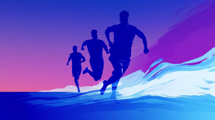 Silhouettes of three men running against a vibrant purple and blue background.