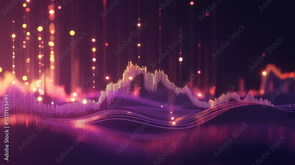 Poster abstract colorful sound wave visualization with luminous particles and flowing lines, suitable for m
