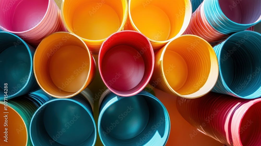 Poster colorful circular plastic containers stacked in a pattern