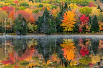 Obraz premium Vibrant fall foliage reflecting on calm water surrounded by trees in autumn season, Vibrant autumn foliage reflected in a calm lake