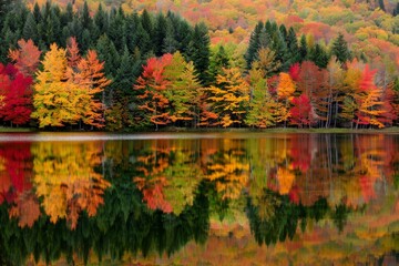 Obraz premium Lush trees encircle a serene body of water reflecting vibrant autumn foliage, Vibrant autumn foliage reflected in a calm lake