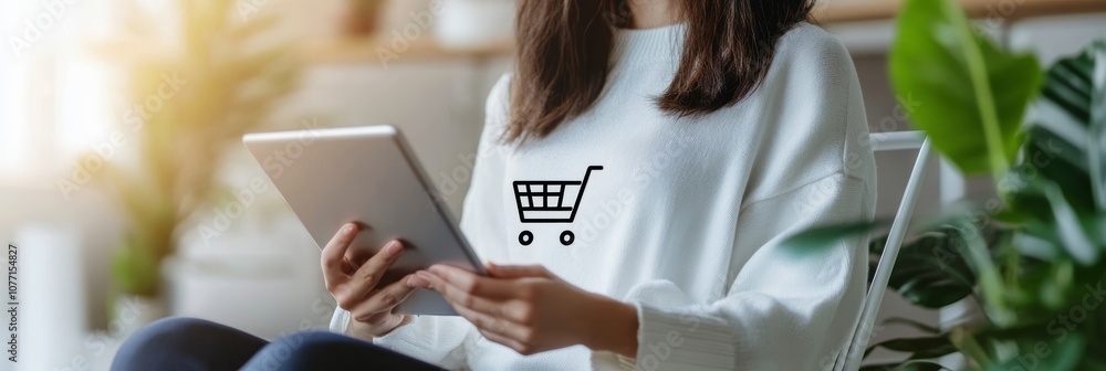 Poster young woman is using digital tablet with shopping cart icon while relaxing at home, showcasing conve