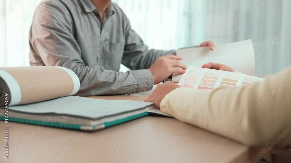Poster slow motion home designer using architectural equipment draw a blueprint while interior designer sel
