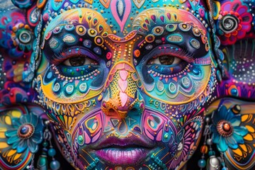 Obraz premium Detailed close-up of a womans face adorned with vibrant colors and intricate masks, Vibrant colors and intricate masks