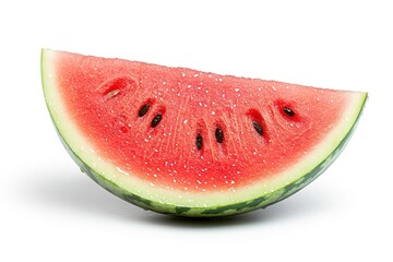 Fresh watermelon slice with droplets on white.