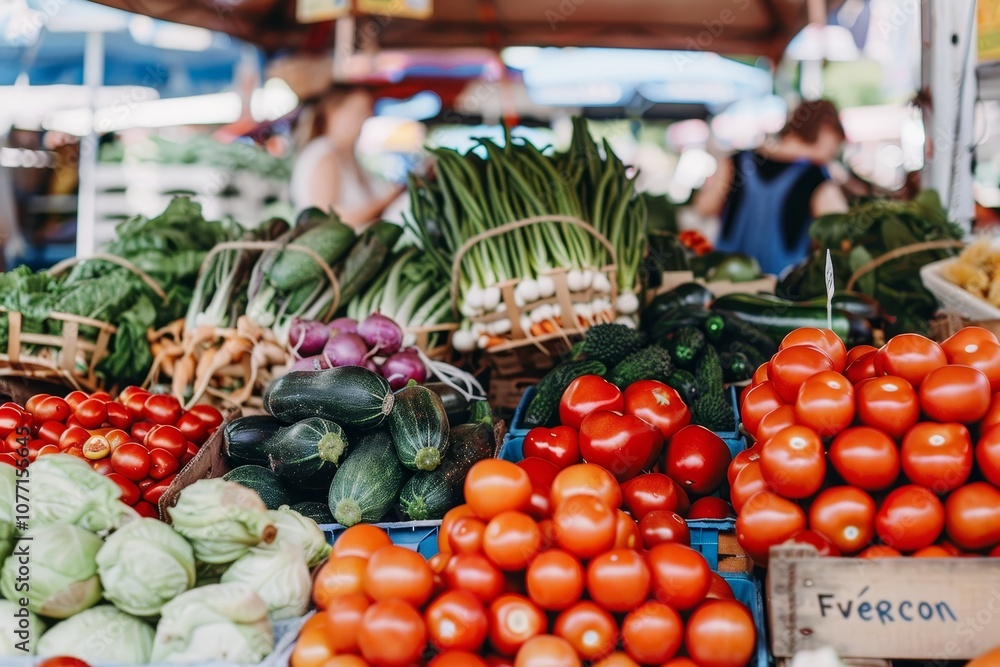 Poster a table showcasing an array of different types of vibrant and fresh vegetables at a farmers market, 