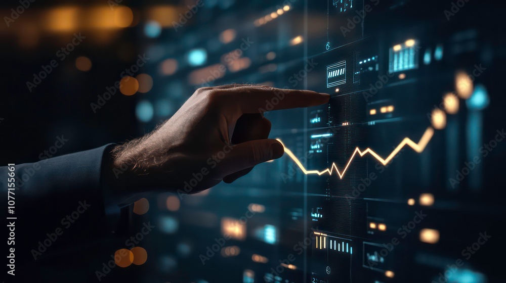Poster A hand reaches out and touches a digital screen showing graphs and charts in a dark, tech-savvy setting.