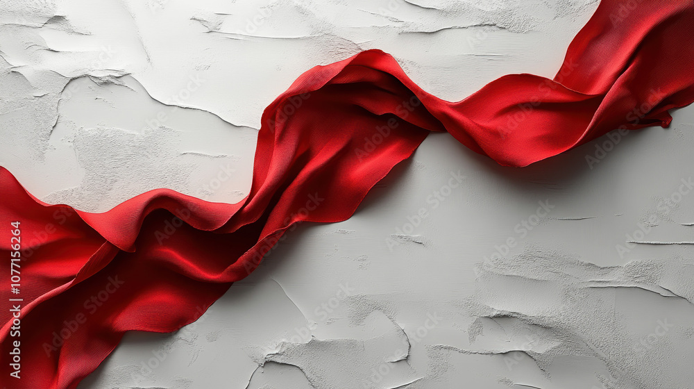 Poster a flowing red ribbon on a textured background, creating an elegant and dynamic visual effect.