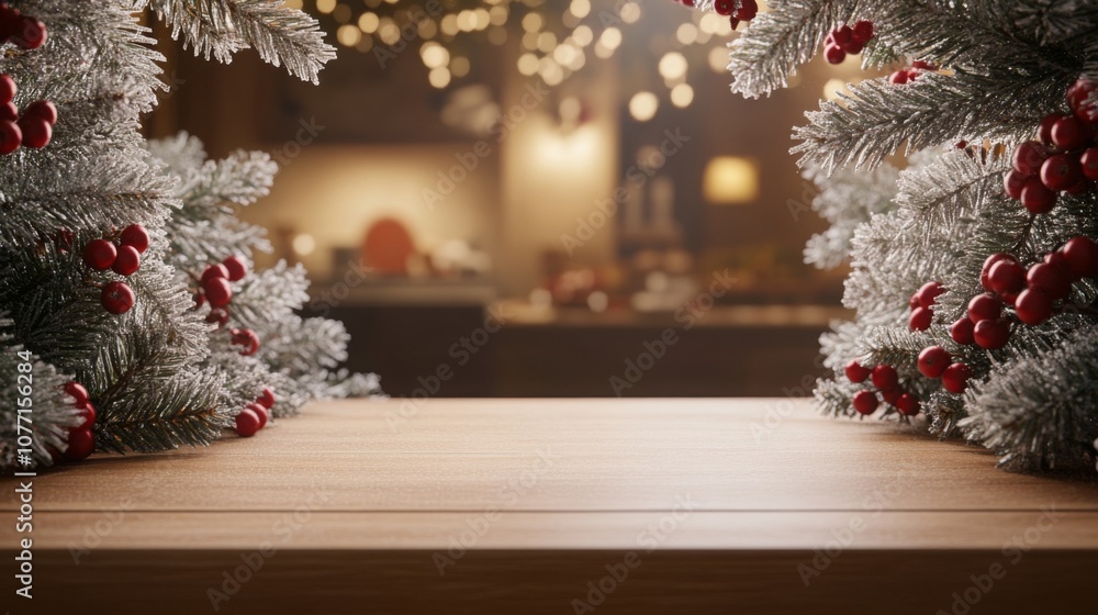Aufkleber A wooden table is centered in the foreground, flanked by two frosted pine branches with red berries on each side.