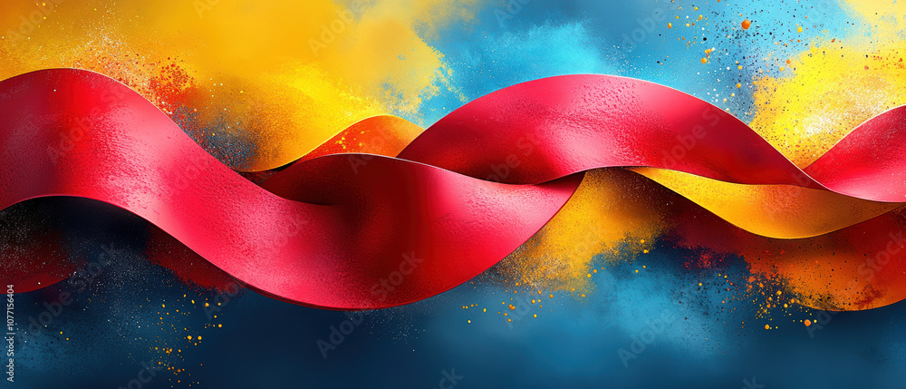 Poster a vibrant red ribbon flowing through a colorful backdrop, creating a striking visual contrast and ar