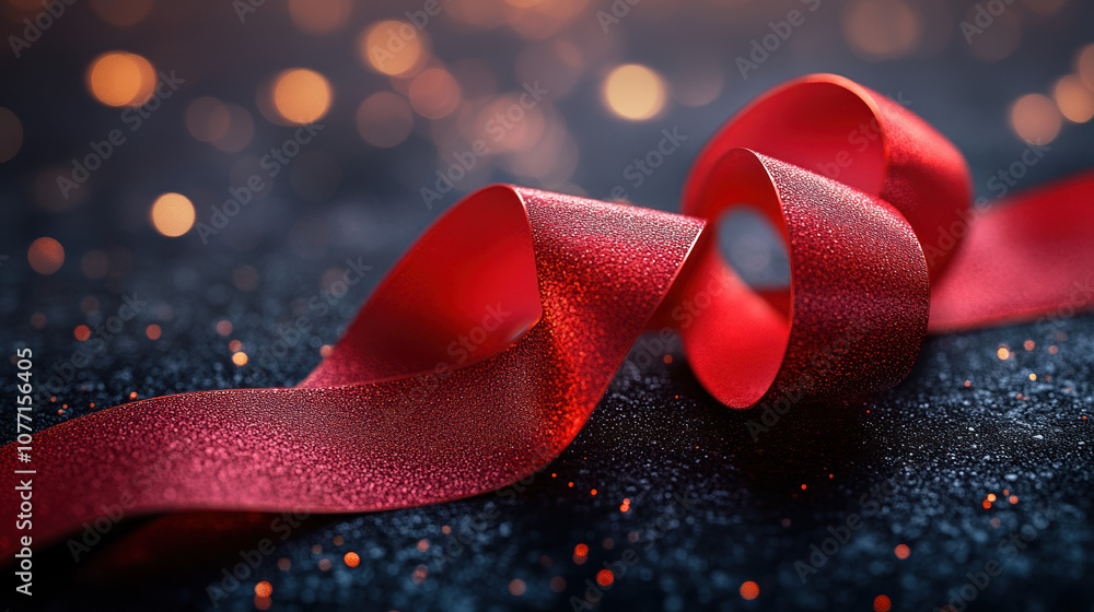 Poster a close-up of a red ribbon elegantly draped over a dark background, emphasizing texture and depth.