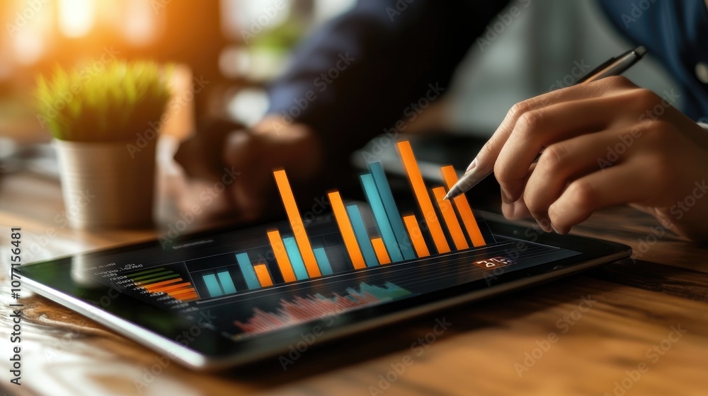 Poster professional person analyzing business data with tablet displaying colorful graphs and charts in a m